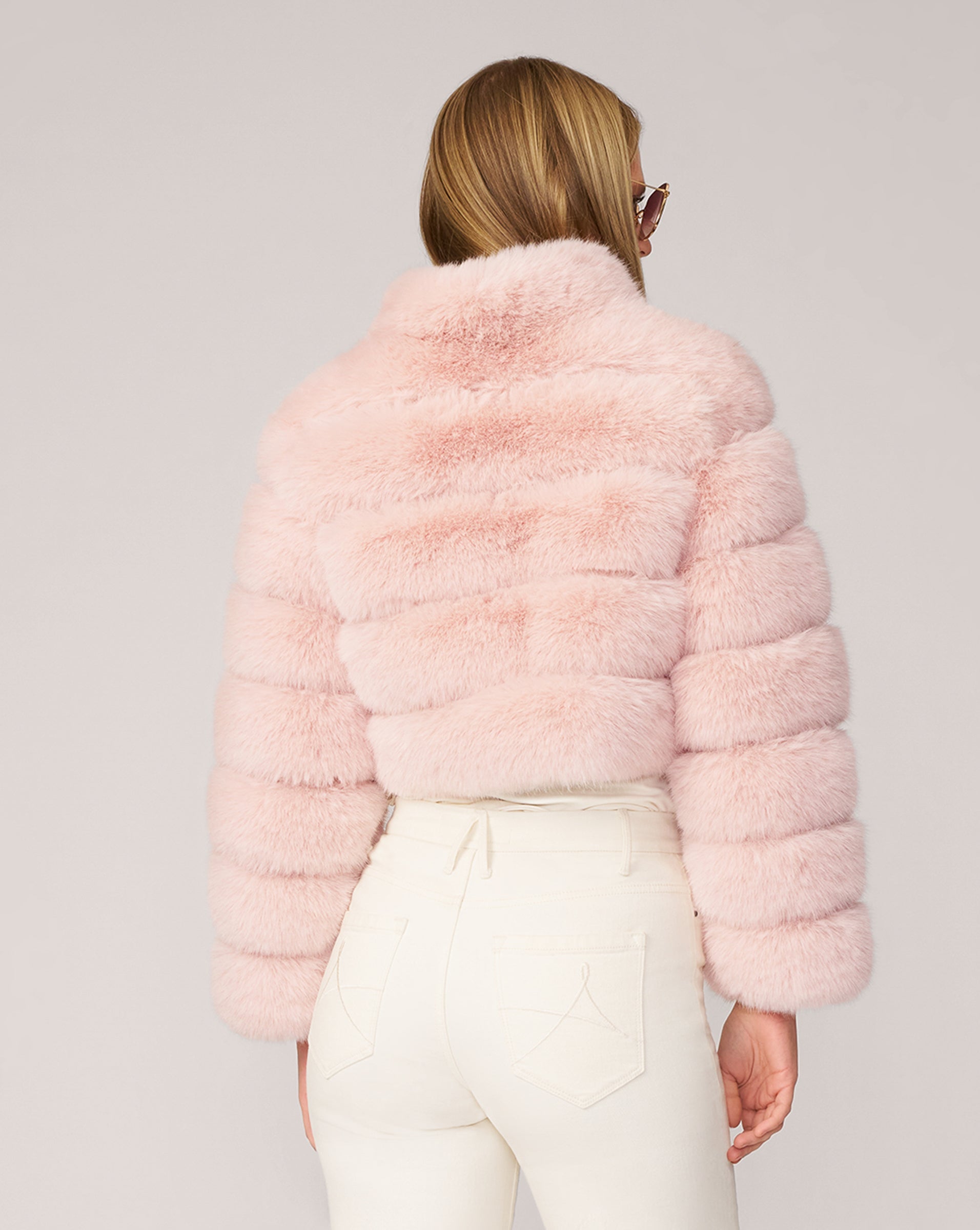 Adrienne Landau Chalk Pink High Collar Faux Fox Fur Jacket