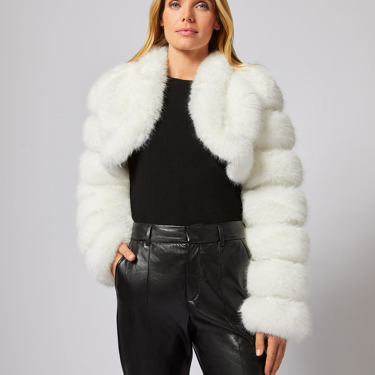 Cropped store white fur jacket